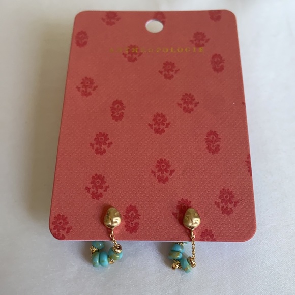 🆕 Anthropologie Beaded Turquoise & Gold Front-Back Earrings - Picture 7 of 7